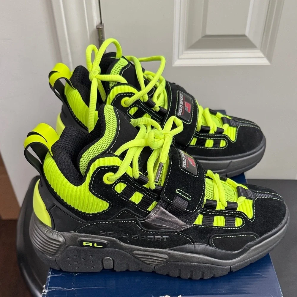 Polo by Ralph Lauren Black and Neon Green Suede Sneakers, Like New